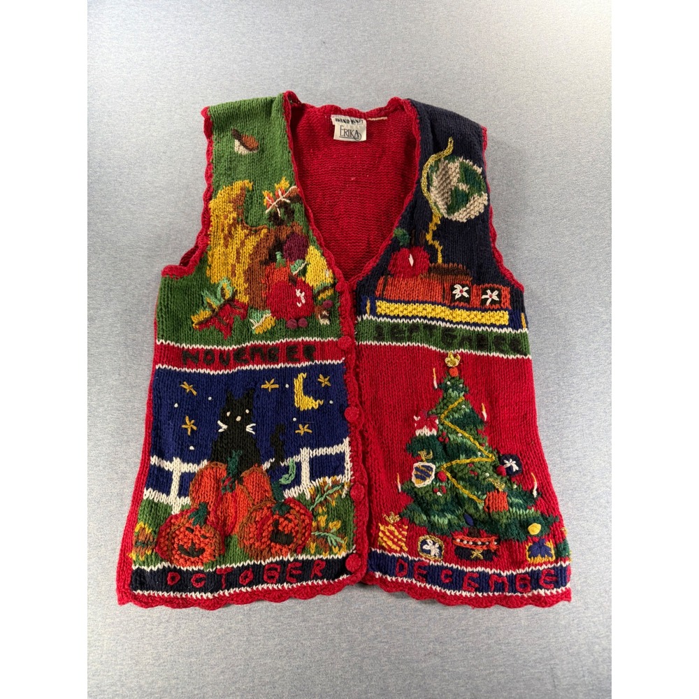Vintage Erika Hand Knit Christmas Sweater Vest Womens Medium Holiday Cat Pumpkin